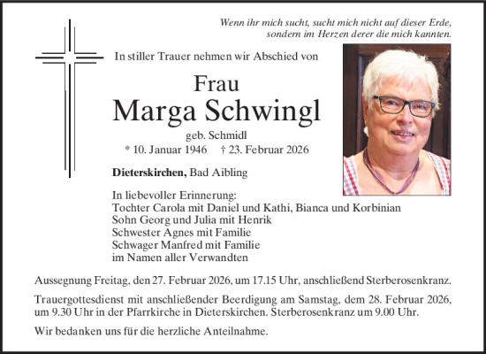 Traueranzeige von Marga Schwingl von Mittelbayerische Zeitung Schwandorf