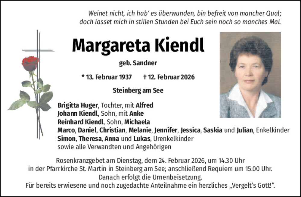  Traueranzeige für Margareta Kiendl vom 21.02.2026 aus Mittelbayerische Zeitung Schwandorf