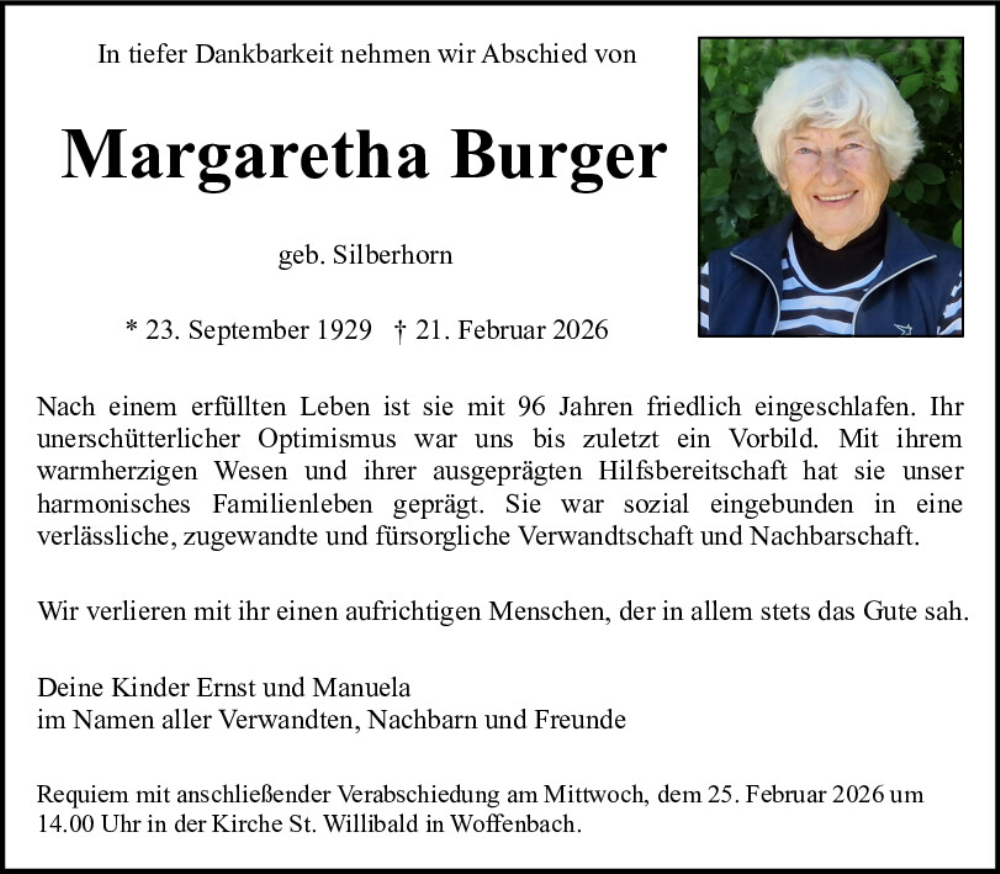 Traueranzeige für Margaretha Burger vom 24.02.2026 aus Neumarkter Tagblatt