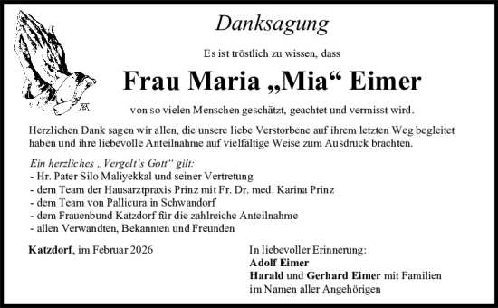 Traueranzeige von Maria Eimer von Mittelbayerische Zeitung Schwandorf