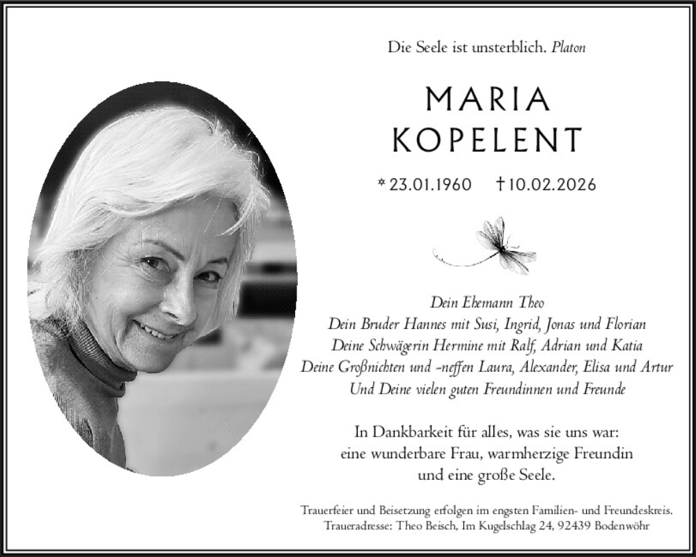  Traueranzeige für Maria Kopelent vom 21.02.2026 aus Mittelbayerische Zeitung Gesamtausgabe