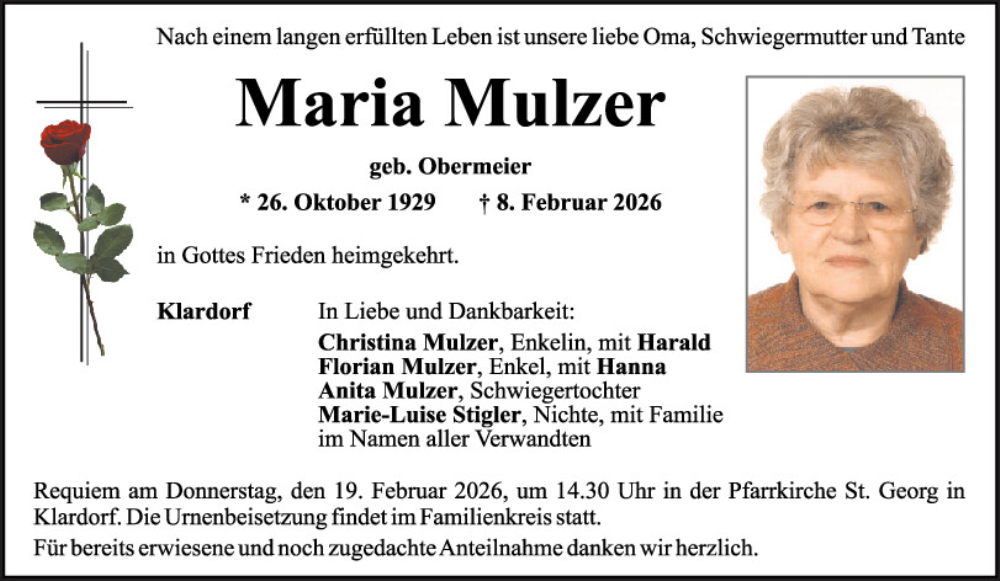  Traueranzeige für Maria Mulzer vom 14.02.2026 aus Mittelbayerische Zeitung Schwandorf
