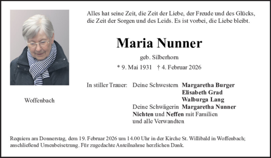 Traueranzeige von Maria Nunner von Neumarkter Tagblatt