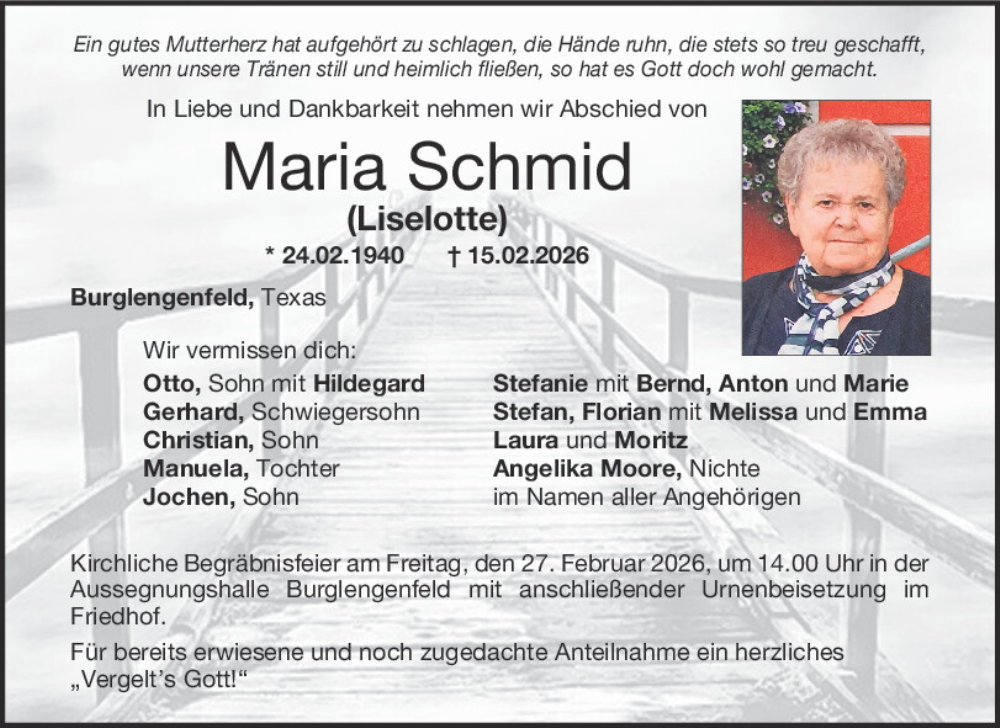  Traueranzeige für Maria Schmid vom 24.02.2026 aus Mittelbayerische Zeitung Schwandorf