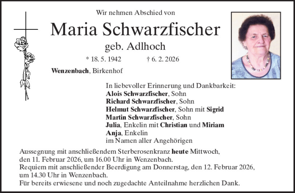  Traueranzeige für Maria Schwarzfischer vom 11.02.2026 aus Mittelbayerische Zeitung Regensburg