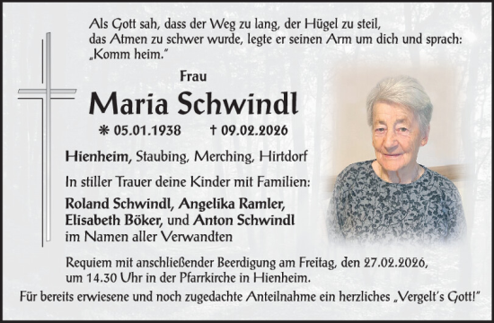 Traueranzeige von Maria Schwindl von Mittelbayerische Zeitung Kelheim