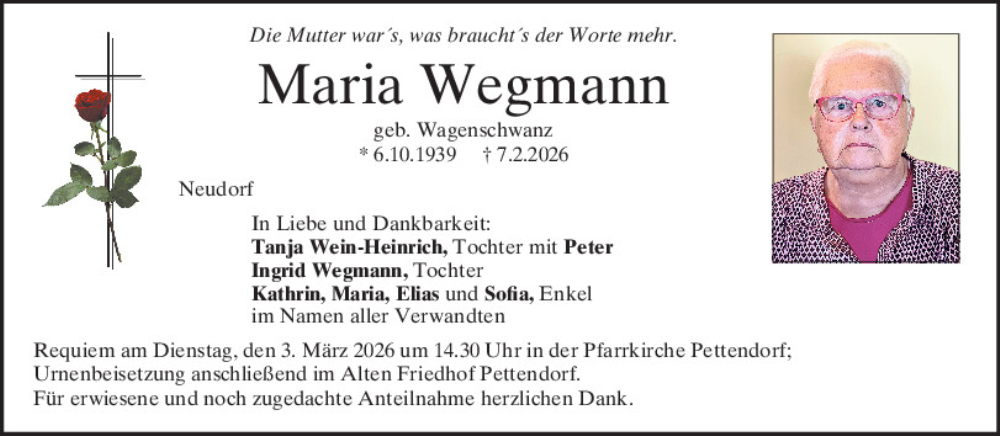  Traueranzeige für Maria Wegmann vom 28.02.2026 aus Mittelbayerische Zeitung Regensburg