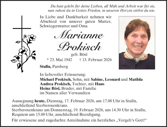 Traueranzeige von Marianne Prokisch von Mittelbayerische Zeitung Schwandorf, Neumarkter Tagblatt