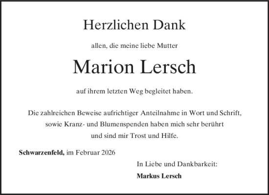 Traueranzeige von Marion Lersch von Mittelbayerische Zeitung Schwandorf