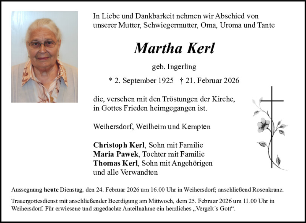  Traueranzeige für Martha Kerl vom 24.02.2026 aus Neumarkter Tagblatt