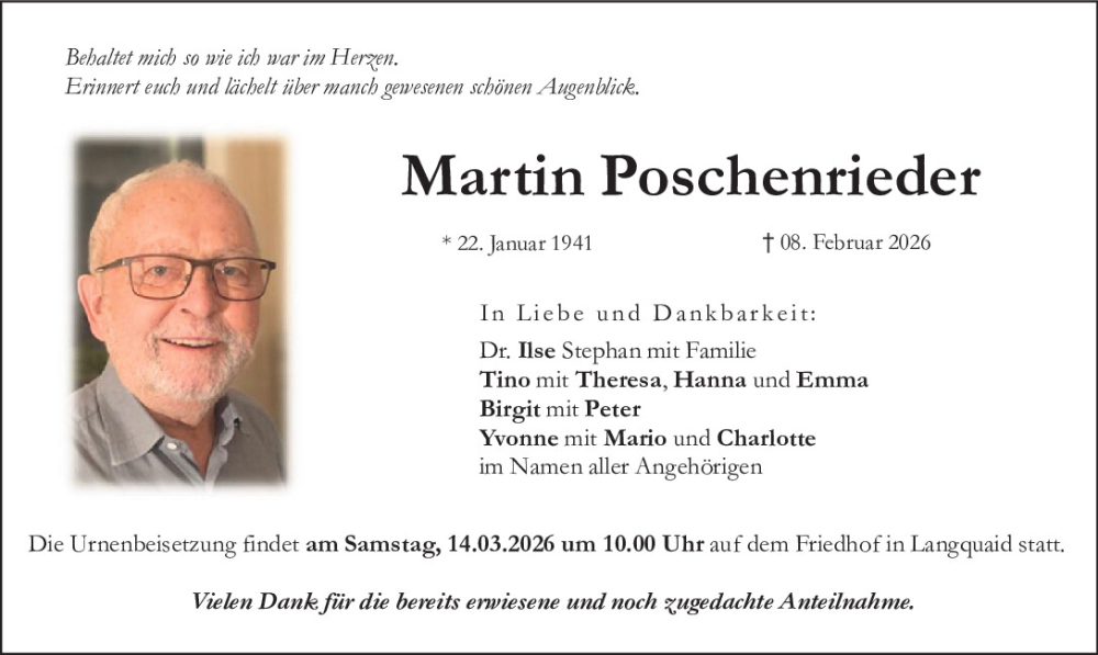  Traueranzeige für Martin Poschenrieder vom 14.02.2026 aus Mittelbayerische Zeitung Gesamtausgabe