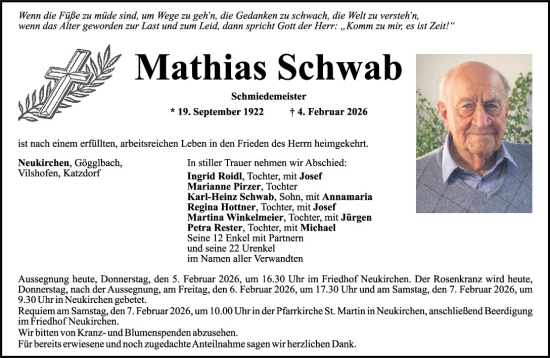 Traueranzeige von Mathias Schwab von Mittelbayerische Zeitung Schwandorf