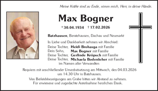 Traueranzeige von Max Bogner von Neumarkter Tagblatt