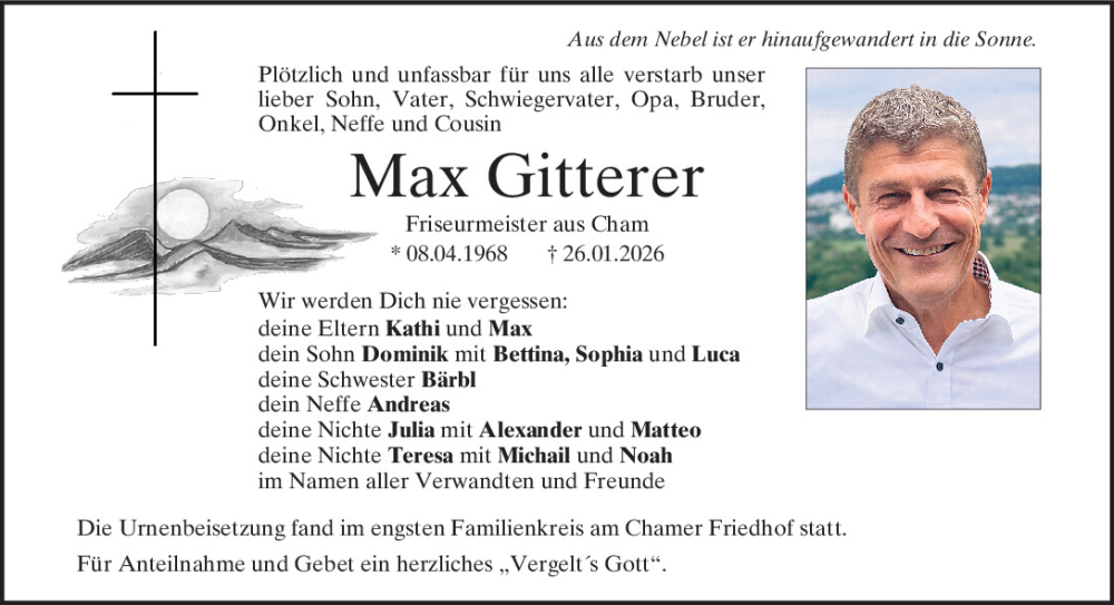  Traueranzeige für Max Gitterer vom 14.02.2026 aus Bayerwald Echo