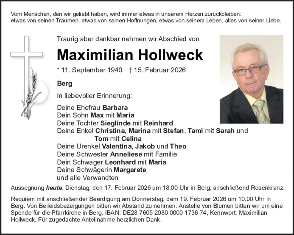  Traueranzeige für Maximilian Hollweck vom 17.02.2026 aus Neumarkter Tagblatt