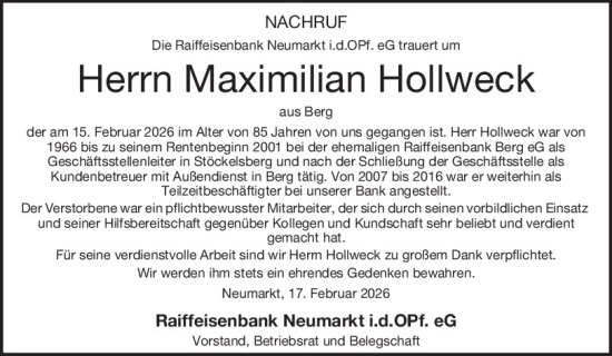 Traueranzeige von Maximilian Hollweck von Neumarkter Tagblatt