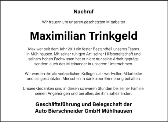Traueranzeige von Maximilian Trinkgeld von Neumarkter Tagblatt