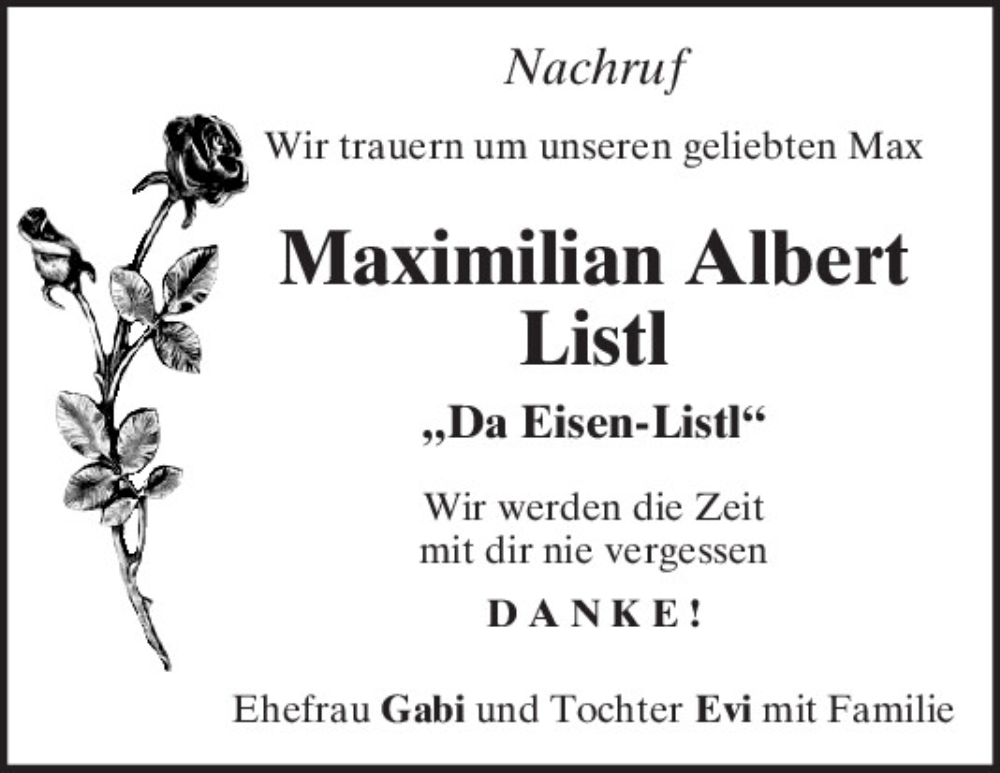  Traueranzeige für Maximilian Albert Listl vom 14.02.2026 aus Mittelbayerische Zeitung Kelheim