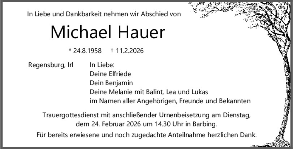  Traueranzeige für Michael Hauer vom 21.02.2026 aus Mittelbayerische Zeitung Regensburg