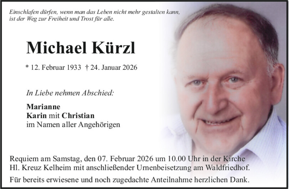  Traueranzeige für Michael Kürzl vom 04.02.2026 aus Mittelbayerische Zeitung Kelheim