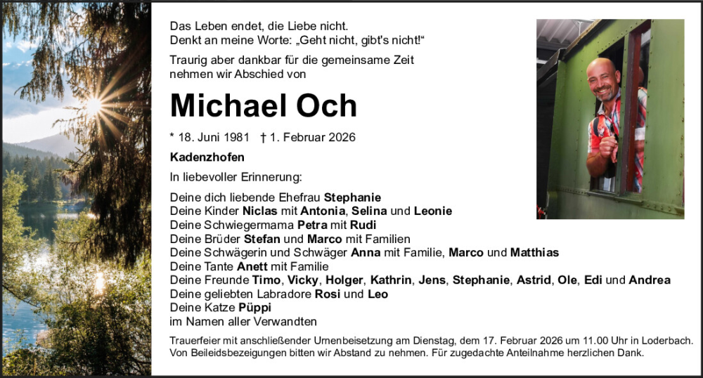  Traueranzeige für Michael Och vom 07.02.2026 aus Neumarkter Tagblatt
