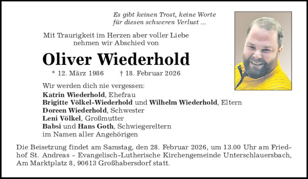  Traueranzeige für Oliver Wiederhold vom 21.02.2026 aus Bayerwald Echo