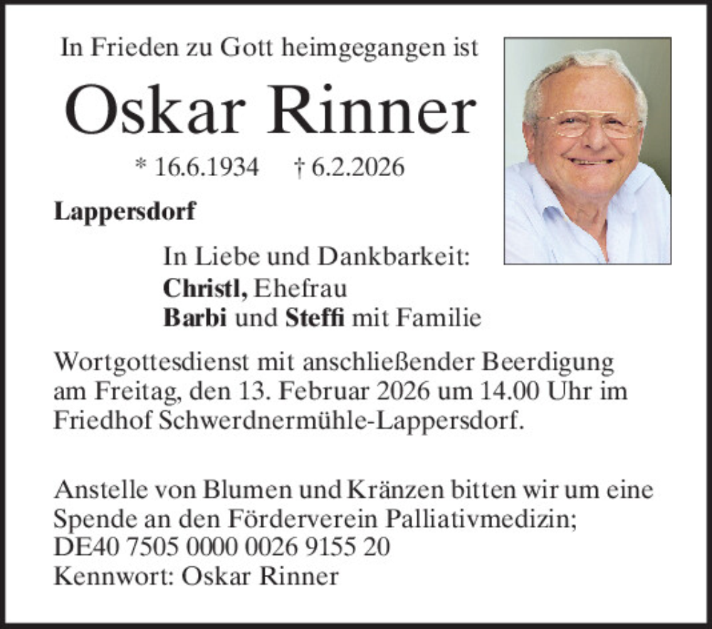  Traueranzeige für Oskar Rinner vom 11.02.2026 aus Mittelbayerische Zeitung Regensburg, Mittelbayerische Zeitung Schwandorf