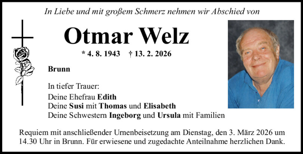  Traueranzeige für Otmar Welz vom 21.02.2026 aus Mittelbayerische Zeitung Regensburg