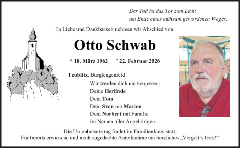  Traueranzeige für Otto Schwab vom 24.02.2026 aus Mittelbayerische Zeitung Schwandorf