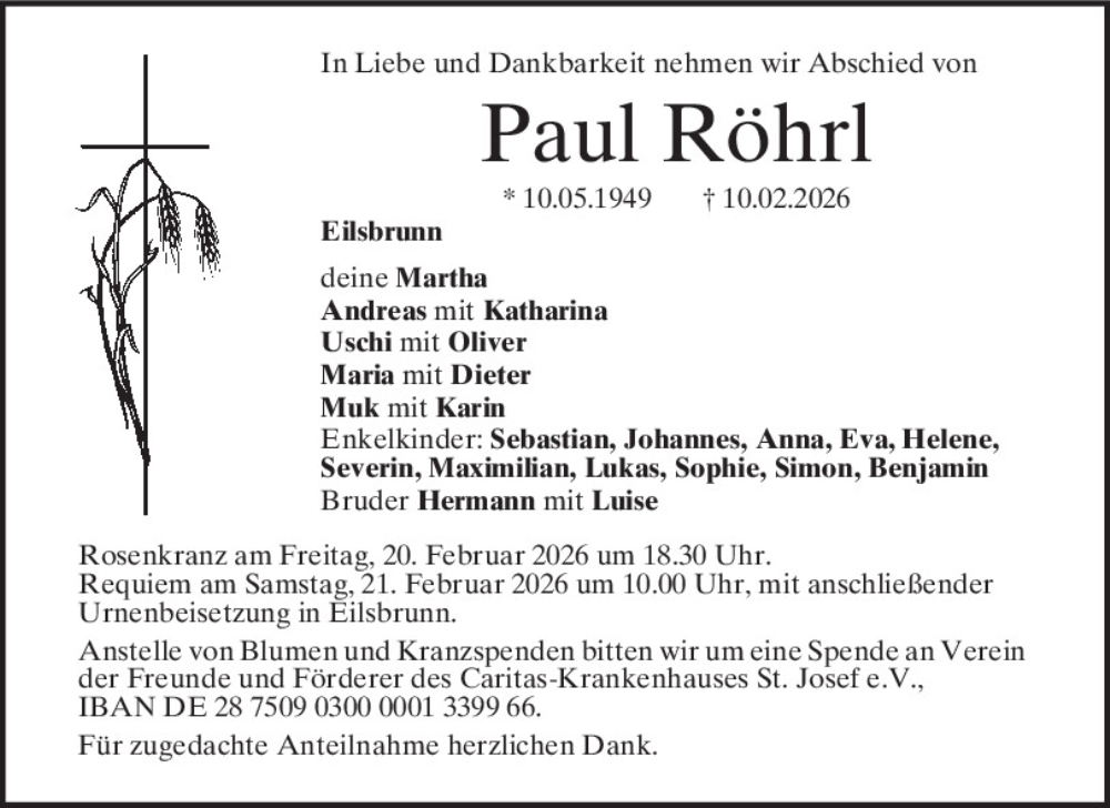  Traueranzeige für Paul Röhrl vom 18.02.2026 aus Mittelbayerische Zeitung Regensburg