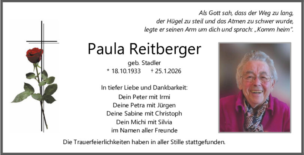  Traueranzeige für Paula Reitberger vom 14.02.2026 aus Mittelbayerische Zeitung Regensburg