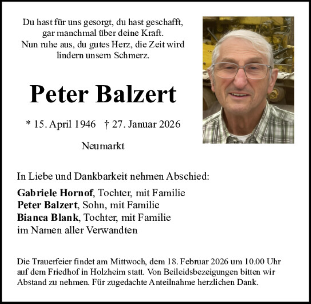 Traueranzeige für Peter Balzert vom 14.02.2026 aus Neumarkter Tagblatt