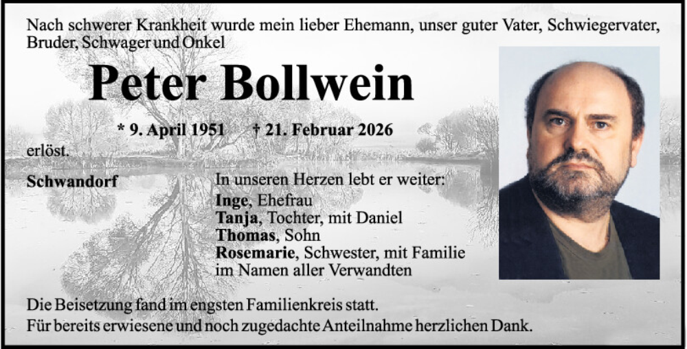  Traueranzeige für Peter Bollwein vom 28.02.2026 aus Mittelbayerische Zeitung Schwandorf