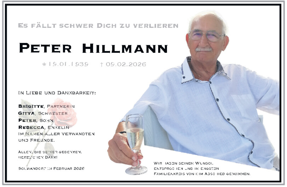  Traueranzeige für Peter Hillmann vom 21.02.2026 aus Mittelbayerische Zeitung Schwandorf