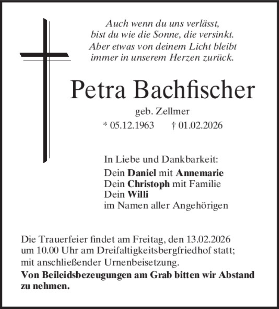  Traueranzeige für Petra Bachfischer vom 07.02.2026 aus Mittelbayerische Zeitung Regensburg