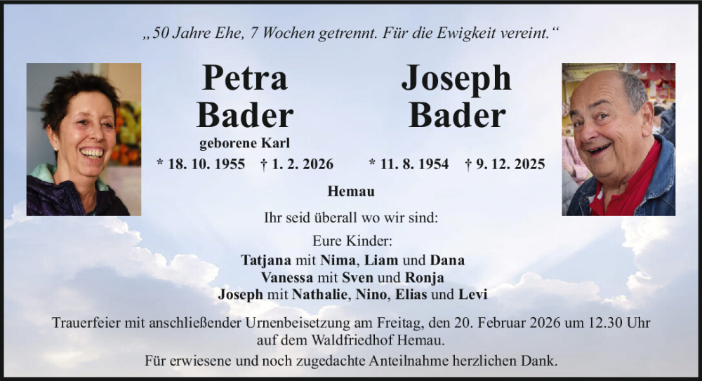  Traueranzeige für Petra Bader vom 14.02.2026 aus Mittelbayerische Zeitung Regensburg