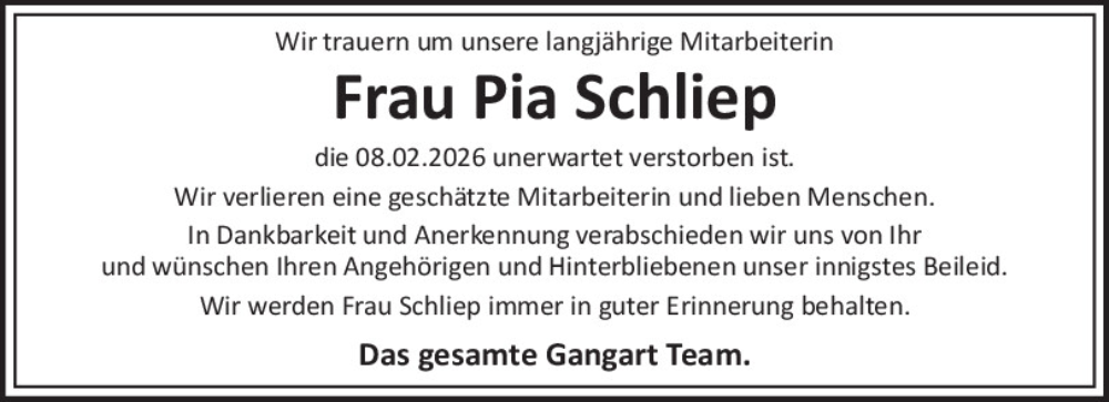  Traueranzeige für Pia Schliep vom 16.02.2026 aus Neumarkter Tagblatt