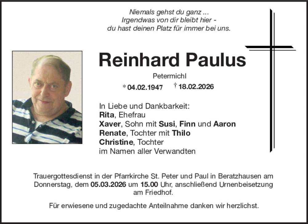  Traueranzeige für Reinhard Paulus Petermichl vom 28.02.2026 aus Mittelbayerische Zeitung Regensburg