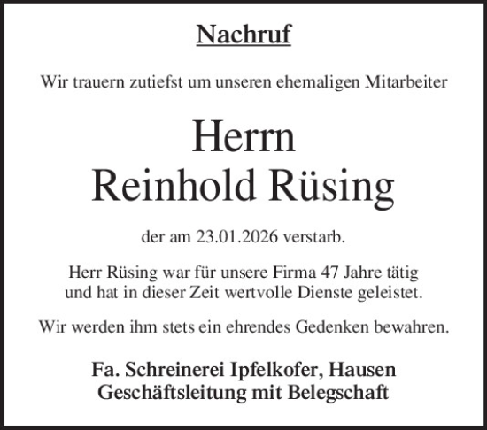 Traueranzeige von Reinhold Rüsing von Mittelbayerische Zeitung Kelheim