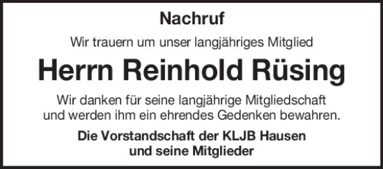 Traueranzeige von Reinhold Rüsing von Mittelbayerische Zeitung Kelheim