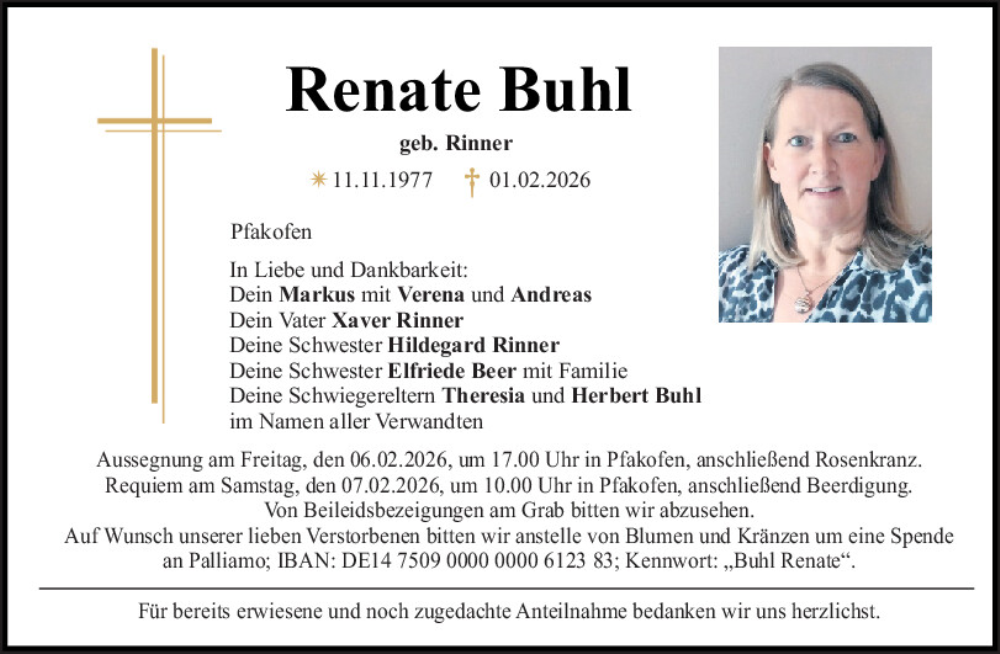  Traueranzeige für Renate Buhl vom 04.02.2026 aus Mittelbayerische Zeitung Regensburg
