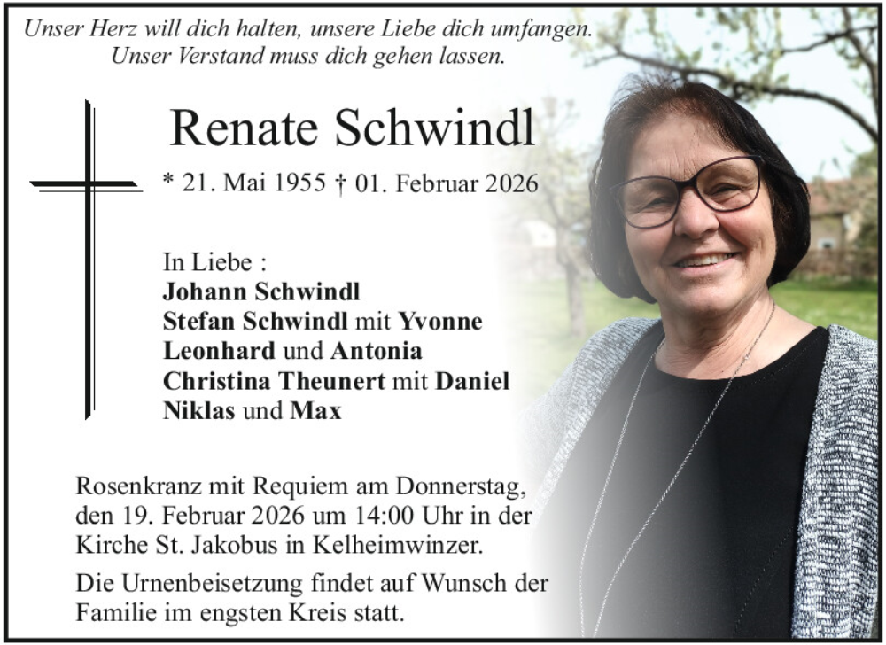  Traueranzeige für Renate Schwindl vom 14.02.2026 aus Mittelbayerische Zeitung Kelheim