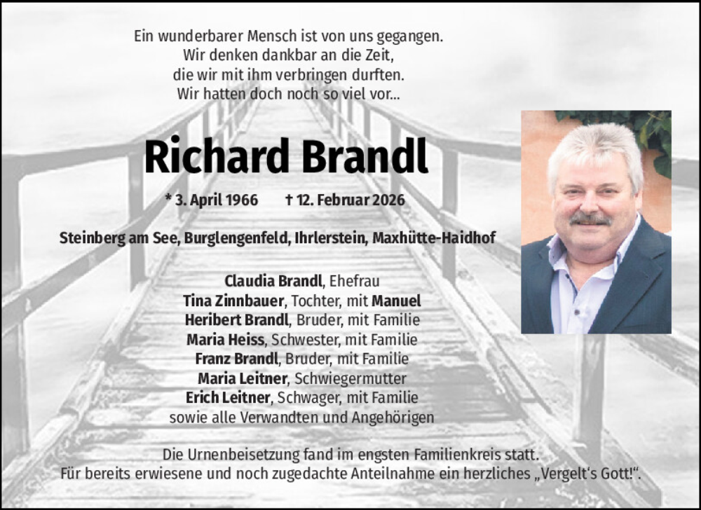  Traueranzeige für Richard Brandl vom 28.02.2026 aus Mittelbayerische Zeitung Schwandorf