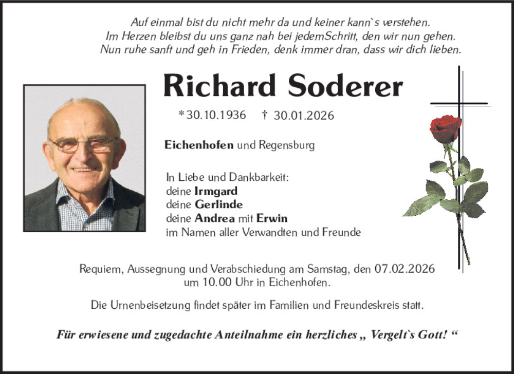  Traueranzeige für Richard Soderer vom 05.02.2026 aus Neumarkter Tagblatt