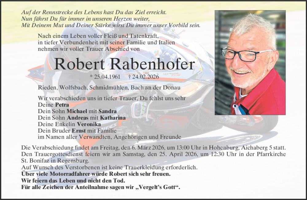  Traueranzeige für Robert Rabenhofer vom 28.02.2026 aus Mittelbayerische Zeitung Regensburg, Mittelbayerische Zeitung Schwandorf