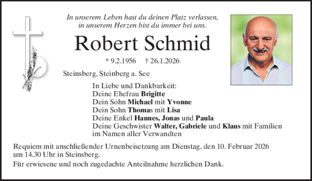  Traueranzeige für Robert Schmid vom 07.02.2026 aus Mittelbayerische Zeitung Regensburg