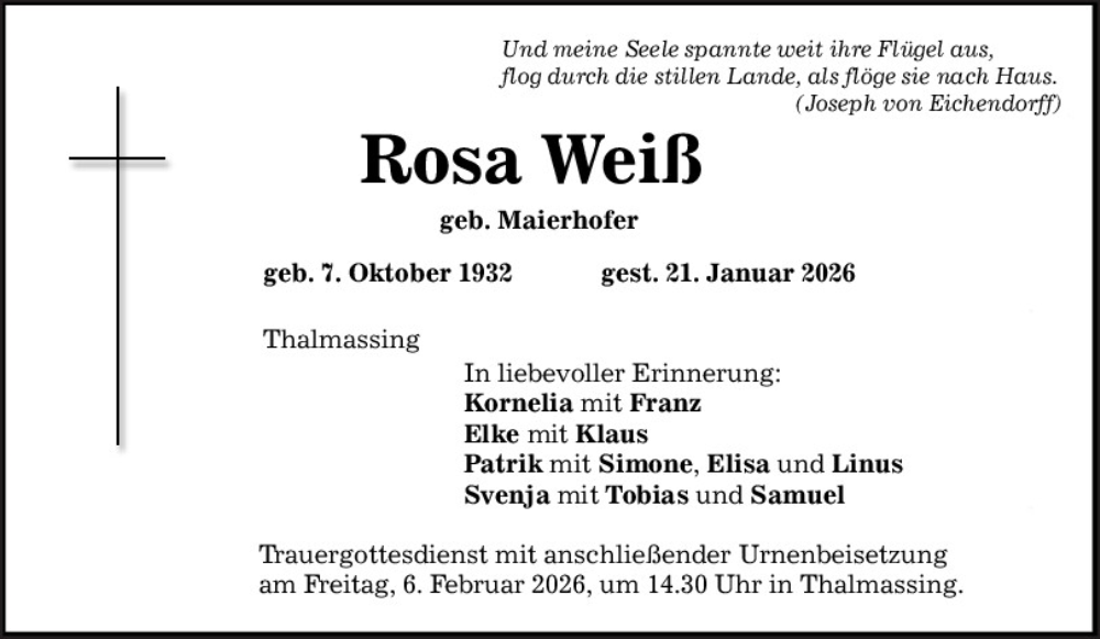  Traueranzeige für Rosa Weiß vom 04.02.2026 aus Mittelbayerische Zeitung Regensburg