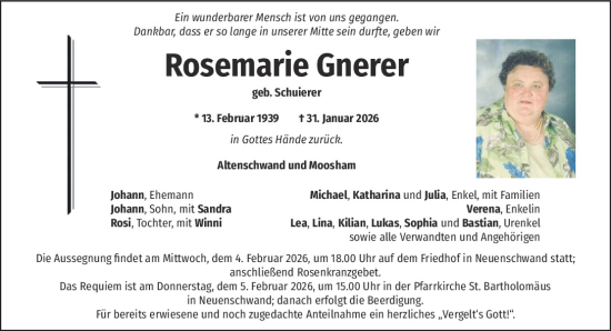 Traueranzeige von Rosemarie Gnerer von Mittelbayerische Zeitung Schwandorf