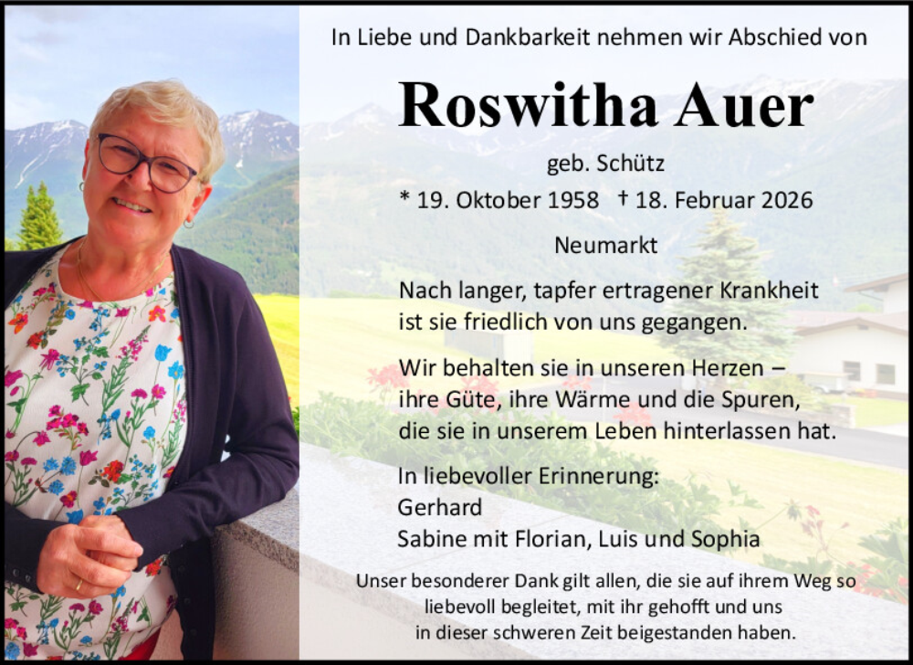  Traueranzeige für Roswitha Auer vom 21.02.2026 aus Neumarkter Tagblatt