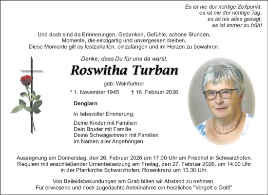 Traueranzeige von Roswitha Turban von Mittelbayerische Zeitung Schwandorf